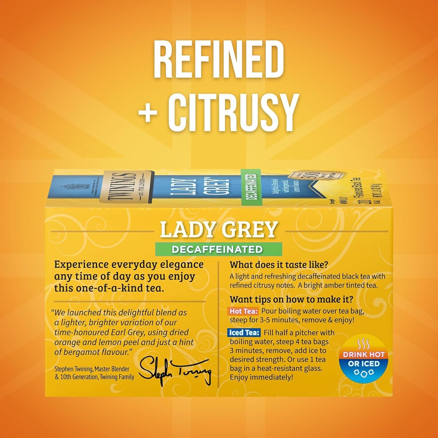 Twinings Decaffeinated Lady Grey Black Tea - Individually Wrapped 20 Count | Orange & Lemon Peel Flavor