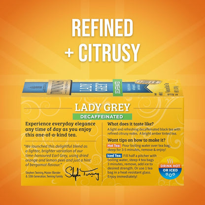 Twinings Decaffeinated Lady Grey Black Tea - Individually Wrapped 20 Count | Orange & Lemon Peel Flavor
