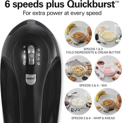 Hamilton Beach 6-Speed Electric Hand Mixer - Powerful 275W Motor, Whisk & Dough Hooks, Easy Clean - Black