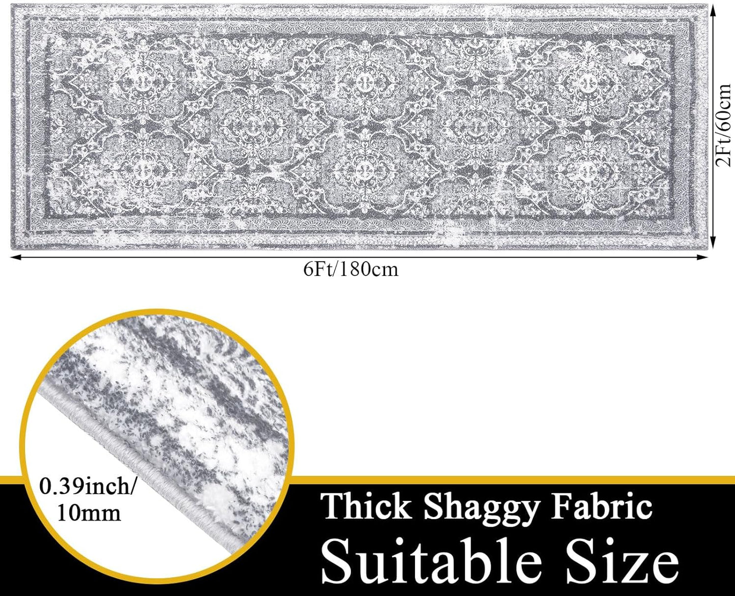 Vaukki Vintage Shaggy Hallway Runner Rug - Soft Non-Slip 2' x 6' Boho Entryway Mat | Grey Washable Carpet for Kitchen & Bathroom