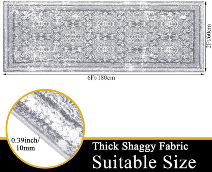 Vaukki Vintage Shaggy Hallway Runner Rug - Soft Non-Slip 2' x 6' Boho Entryway Mat | Grey Washable Carpet for Kitchen & Bathroom