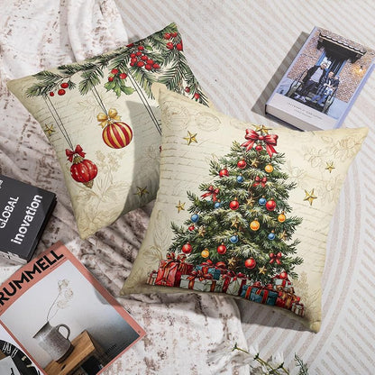 Vintage Christmas Tree Pillow Covers 18x18 Inches - Set of 2, Red & Green