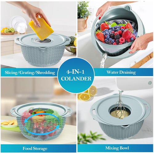 4-1 Colander with Mixing Bowl Set, Food Strainers and Colanders Set for Kitchen, Pasta Rice Strainer, Fruit and Veggie Washer, Salad Spinner, Kitchen Essentials Strainer Basket Bowl, Blue