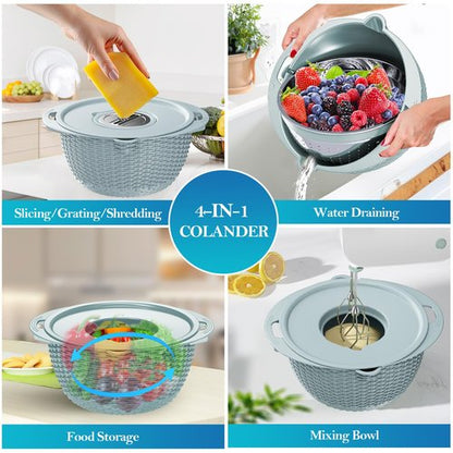4-1 Colander with Mixing Bowl Set, Food Strainers and Colanders Set for Kitchen, Pasta Rice Strainer, Fruit and Veggie Washer, Salad Spinner, Kitchen Essentials Strainer Basket Bowl, Blue
