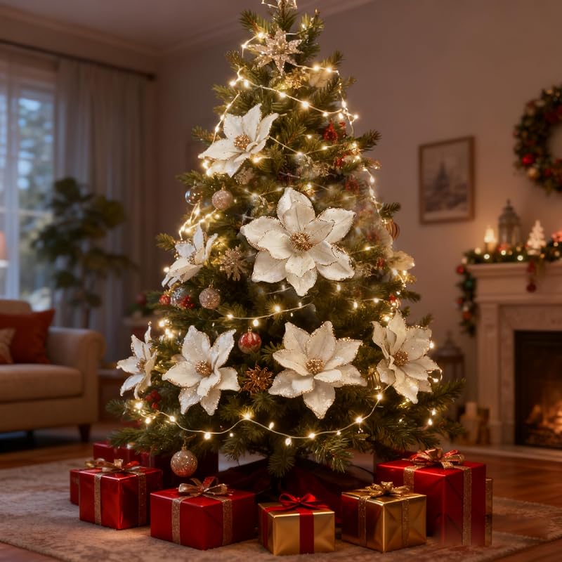 Cream White 6 Pcs 10.2’’ Large Glitter Magnolia Artificial Flowers for Christmas Tree Decorations