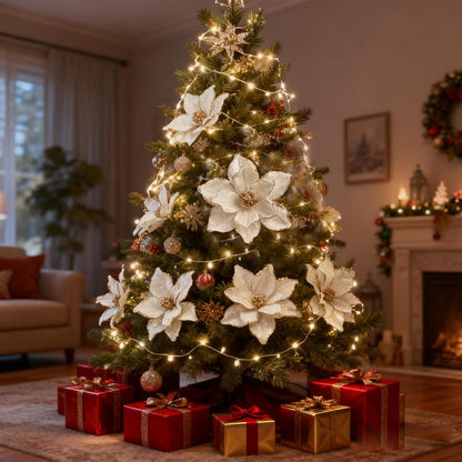 Cream White 6 Pcs 10.2’’ Large Glitter Magnolia Artificial Flowers for Christmas Tree Decorations