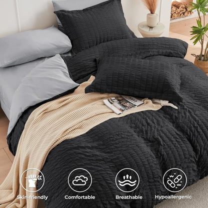 HYMOKEGE Black/Light Grey Twin XL Comforter Set Seersucker 5 Pieces, All Season Luxury Bed in a Bag for Bedroom, Bedding Set with Comforter, Sheets, Pillowcase & Sham