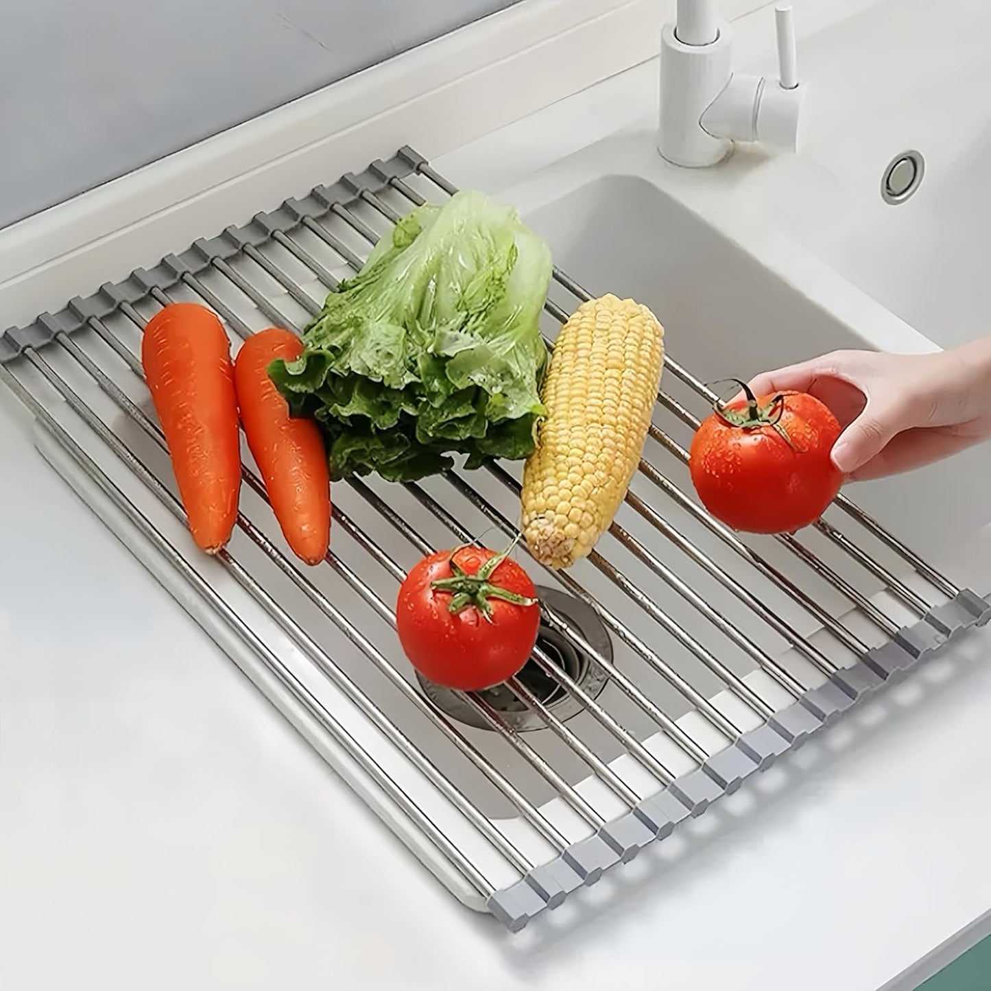 Roll Up Dish Drying Rack - Stainless Steel Foldable Kitchen Rack | 17.7" x 11.8" Grey Design