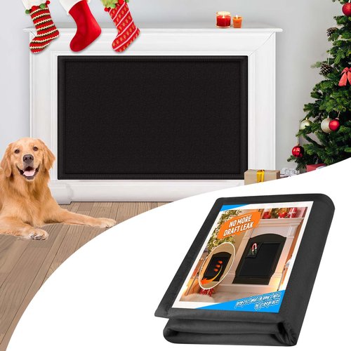 Fireplace Draft Cover, Fireplace Blocker Blanket Stops Heat Loss, Adjustable Fire Place Draft Stopper with Hook and Loop Tapes, Indoor Cold Air Blocker Black 45" W x 34" H