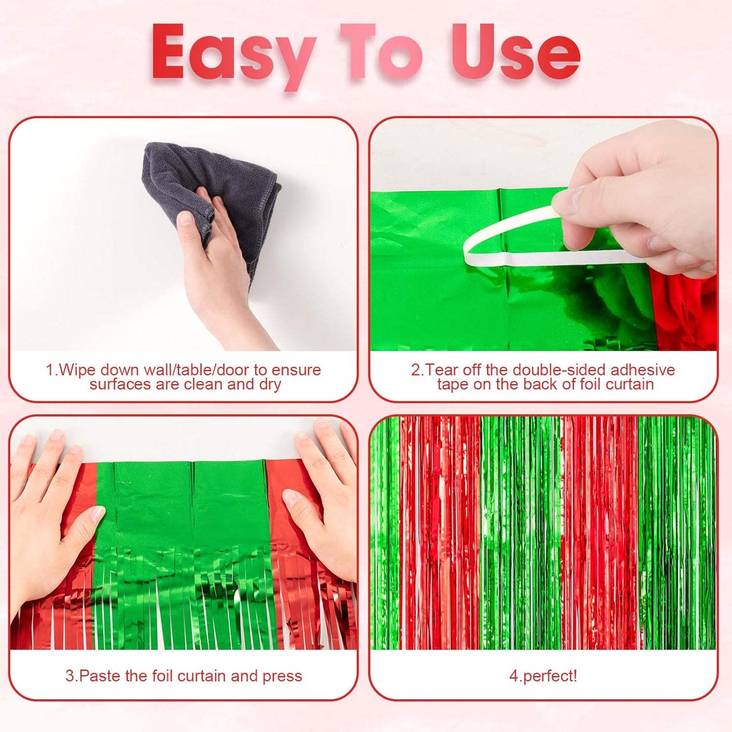 Voircoloria 3 Pack Red & Green Foil Fringe Backdrop Curtains - 3.3x8.2 Feet Tinsel Streamers for Parties