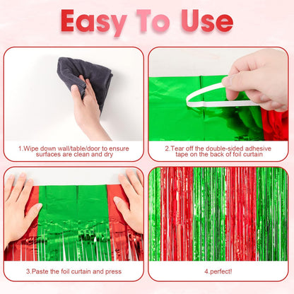 Voircoloria 3 Pack Red & Green Foil Fringe Backdrop Curtains - 3.3x8.2 Feet Tinsel Streamers for Parties