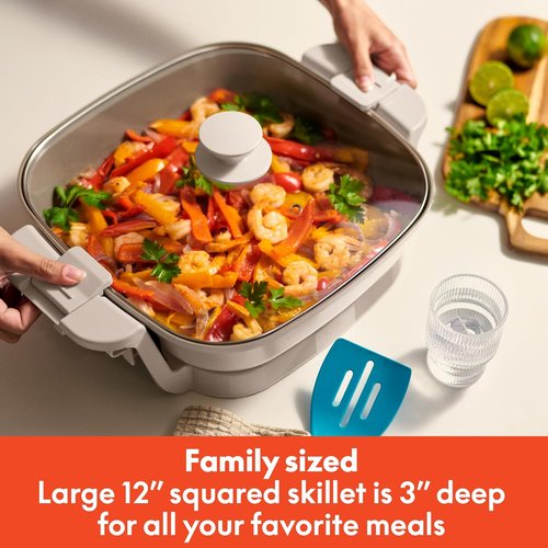 Bella Electric Skillet - Adjustable Temperature | EverGood™ Ceramic Coating, 1200 Watt, Oatmilk