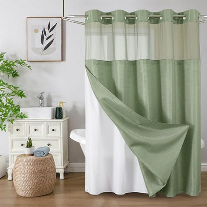 Colorful Star No Hook Shower Curtain with Snap in Fabric Liner, Waffle Weave Heavy Duty Thick Shower Curtains with Mesh Top Window, Hotel Style Waterproof Bathroom Curtain Set, 72'' x 75'', Sage Green