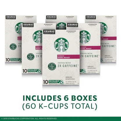 Starbucks Dark Roast K-Cup Coffee Pods - 2X Caffeine for Keurig Brewers | 60 Pods in 6 Boxes