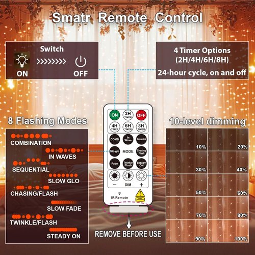 HXWEIYE 300LED Fairy Curtain Lights - 9.8x9.8Ft USB Plug-In with 8 Modes & Remote | Orange, 1 Pack for Bedroom & Wedding Decor