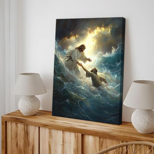 KFYMP Jesus Wall Art - Jesus Rescuing Peter Canvas Print - Faith-Based Home Decor | 12x16 Inch