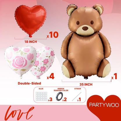 PartyWoo Valentine's Balloons - 15pcs Foil Bear & Red Heart Balloons | 24" & 18" for Romantic Celebrations