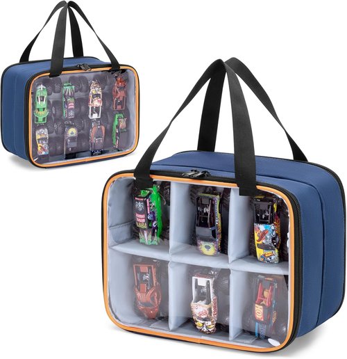 LUXJA Double Layer Storage Bag - PVC Carrying Case for Hot Wheels Monster Trucks | Holds Up to 14 Cars, Blue