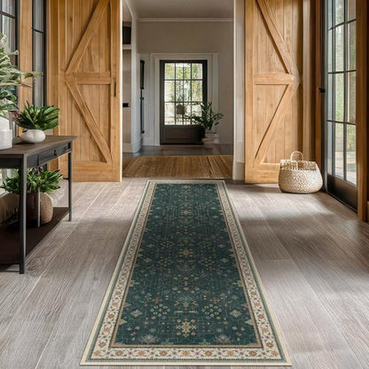Hazo Haus Dark Green Kitchen Rug - Modern Vintage Boho Floral Design, Washable Non-Slip 10 ft Runner