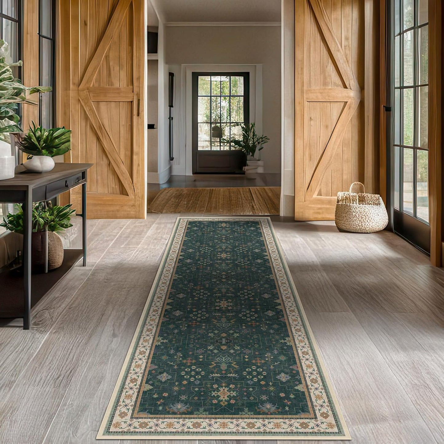 Regine Switzerland Dark Green Washable Kitchen Runner Rug - 2'6"x8' Non-Slip Rubber Backing, Stain Resistant