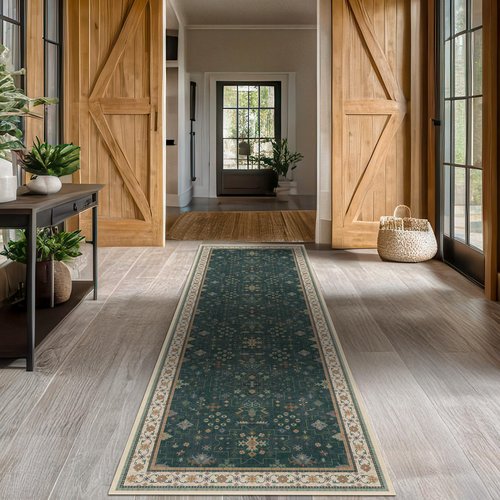 Hazo Haus Dark Green Kitchen Rug 10 ft Long - Modern Vintage Boho Unique Floral with Gold Accent, Washable Low Pile Non-Slip Extra Long Wide Runner Rugs for Hallway, 3x10