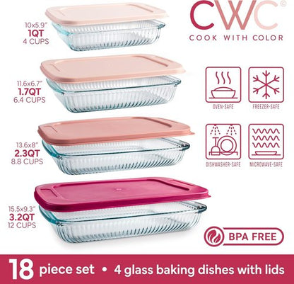 Cook With Color 8-Piece Deep Glass Baking Dish Set - Versatile Casserole & Food Storage Containers | Freezer-to-Oven, Microwave & Dishwasher Safe, Fluted Rose