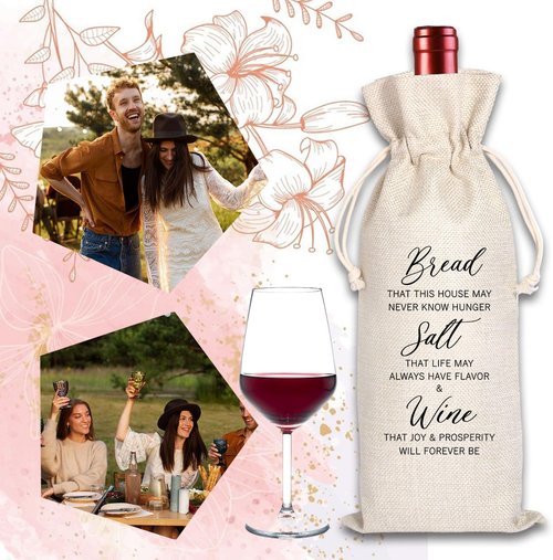 Hostess Gift Wine Bag, Housewarming gift, Bread Salt Wine Home Blessing Housewarming Gift, New Home Gift Wine Bag (Beige-Bread)