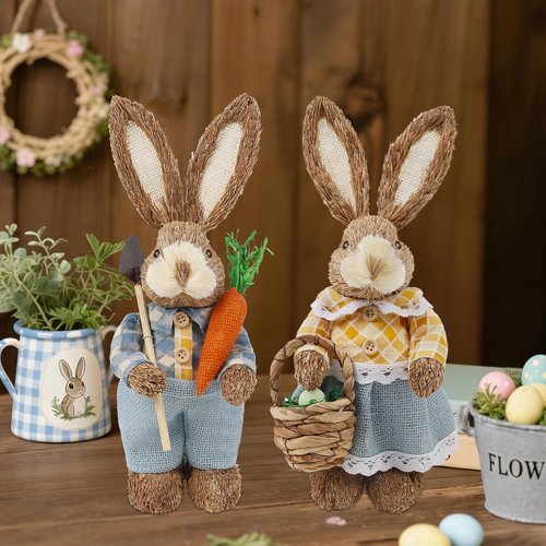 DR.DUDU Easter Decorations - Set of 2 Rustic 13" Bunny Figurines with Carrot | Spring Tabletop Decor