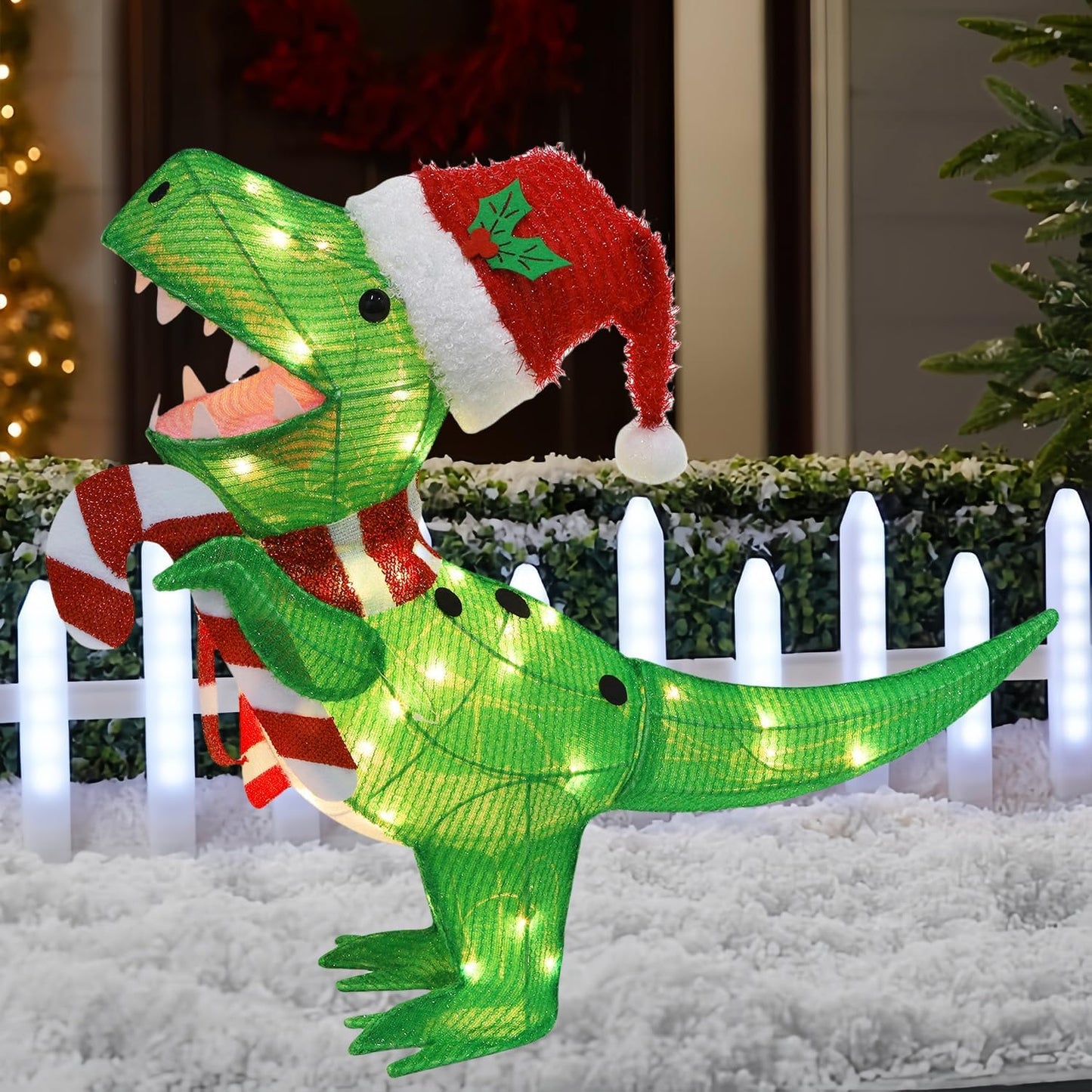 Waterglide Lighted Christmas Dinosaur | 22.5-Inch Pre-Lit 3D Tinsel Tyrannosaurus with Red Hat for Outdoor Holiday Decor