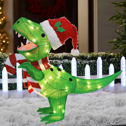 Waterglide Lighted Christmas Dinosaur | 22.5-Inch Pre-Lit 3D Tinsel Tyrannosaurus with Red Hat for Outdoor Holiday Decor