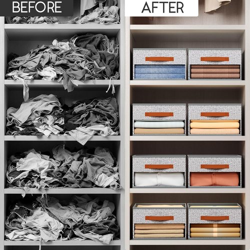 Homsorout Drawer Organizers - 6-Pack Foldable Pants Storage with Clear Window & Handles | Light Gray Fabric