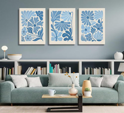 Blue Flower Market Canvas Wall Art - Boho Botanical Aesthetic Paintings for Living Room & Bedroom Decor