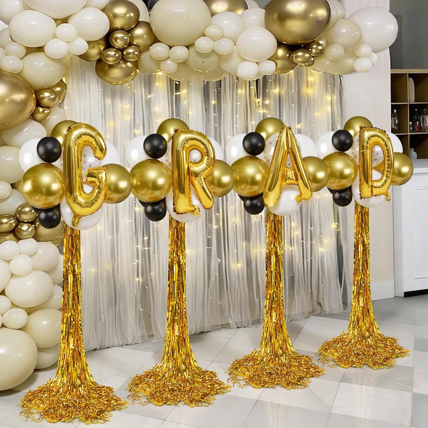 2026 Graduation Balloon Columns Kit - Set of 4 Stands with Gold Fringe Curtain for Party Decor