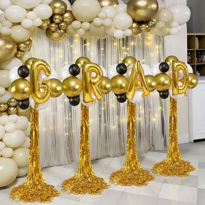 2026 Graduation Balloon Columns Kit - Set of 4 Stands with Gold Fringe Curtain for Party Decor