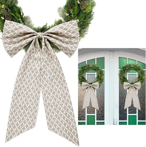 HunnmingRe Christmas Wreath Sash - 24 x 16 Inch Driftwood Block Print with Floral Burlap Bow - Beige