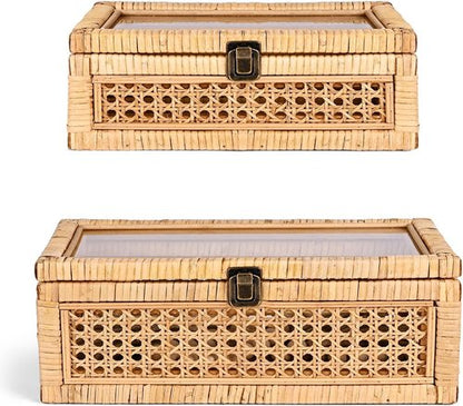 HUAXIN CRAFT Rattan Decorative Box Set - Rectangular Woven Design with Glass Lid for Stylish Display