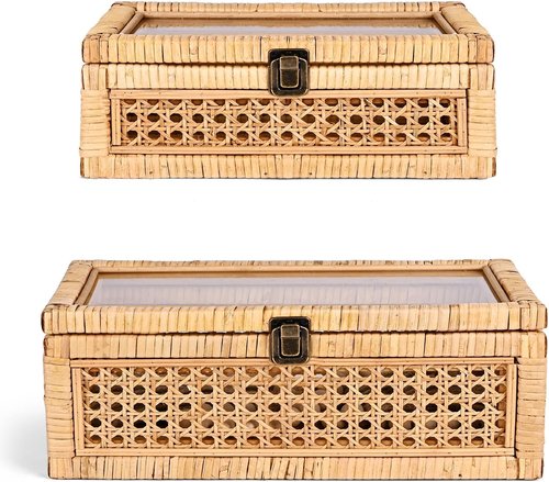 HUAXIN CRAFT Rattan Decorative Box Set - Rectangular Woven Design with Glass Lid for Stylish Display