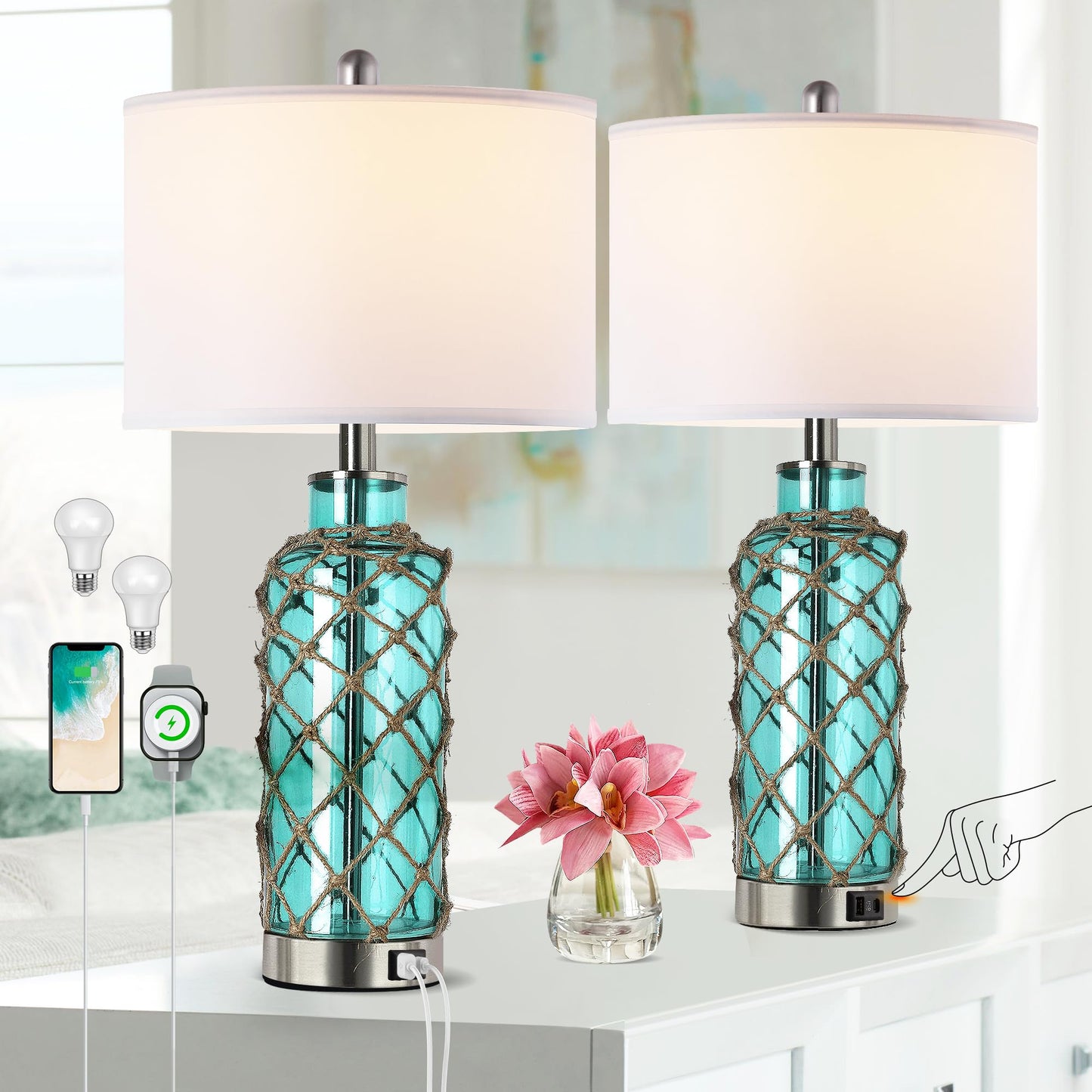 Cottage Nautical Accent Table Lamp Set of 2, Touch Coastal Blue Green Glass Rope Net Bedside Lamp with USB C+A Fast Charging Ports, 3-Way Dimmable Nightstand Lamps White Shade for Living Room Bedroom