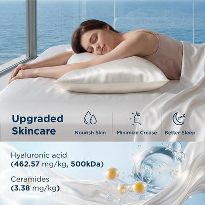 Bedsure Cooling Pillow Cases - Softer Than Silk Queen Set of 2 | Hydrating 3% HA & Ceramides, White