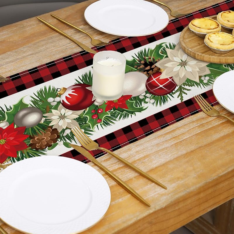 Red and Black Buffalo Check Christmas Table Runner 13 x 72 Inch - Variation: Christmas002