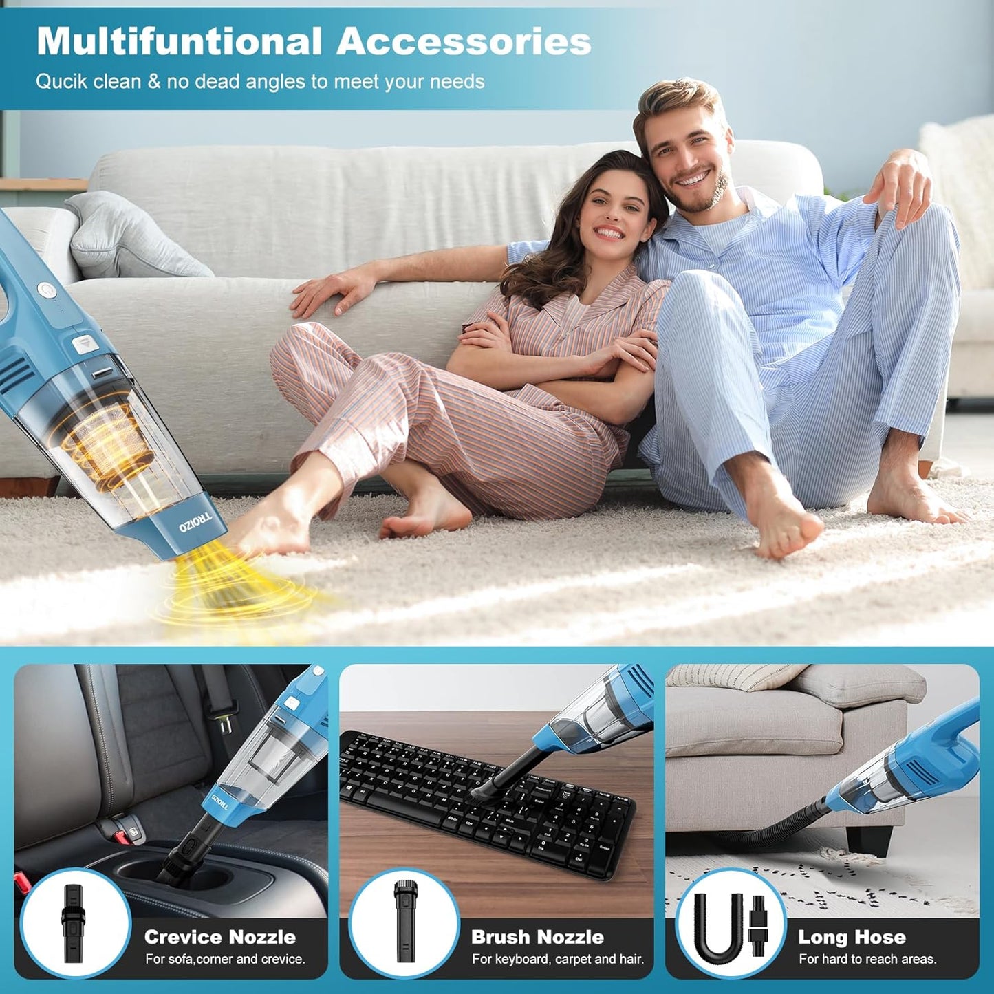 TROIZO Cordless Handheld Vacuum - 14500PA Powerful Suction, Portable & Rechargeable for Home, Office & Car
