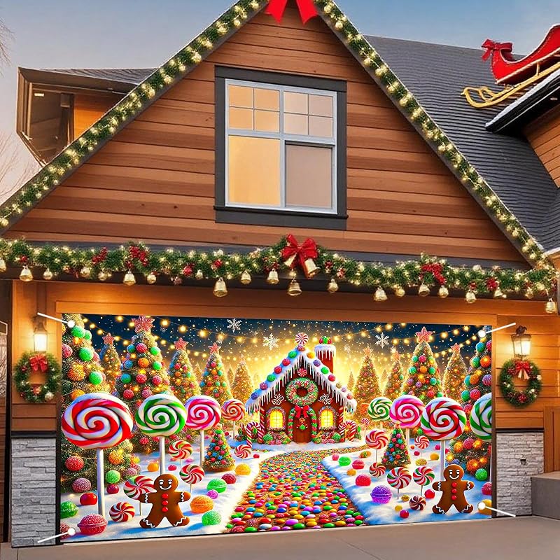 Nuxovilar Christmas Garage Door Cover 6x13 Ft - Polyester, Reinforced Grommets, Double-Sided Graphics, Variation hd05159