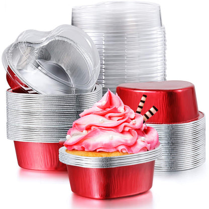 Geiserailie 200 Sets Aluminum Foil Cake Pan with Clear Lids 100 ml/ 3.4 Ounces Heart Shaped Disposable Mini Cupcake Cup Flan Baking Cups Pan for Xmas Valentine Wedding Birthday Party (Red)