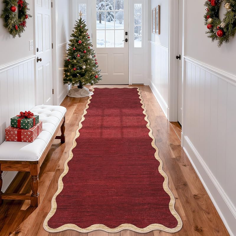 Christmas Red Scalloped 2x10 Runner Rug - Non-Slip, Machine Washable, Stain-Resistant