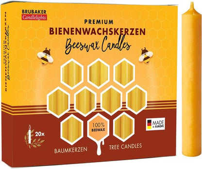 BRUBAKER 100% Beeswax Tree Candles - Honey Colored - Pack of 20 | 3¾ x ½ Inches (9.5 x 1.27cm) - Made in Europe