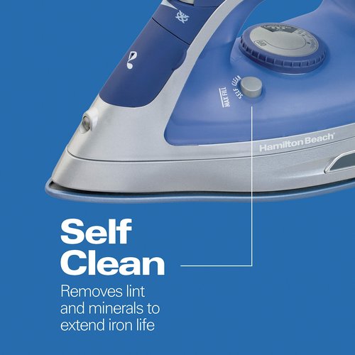 Hamilton Beach Steam Iron & Vertical Steamer for Clothes with Scratch-Resistant Durathon Soleplate, 8' Retractable Cord, 3-Way Auto Shutoff, Anti-Drip, 1500 Watts, Blue
