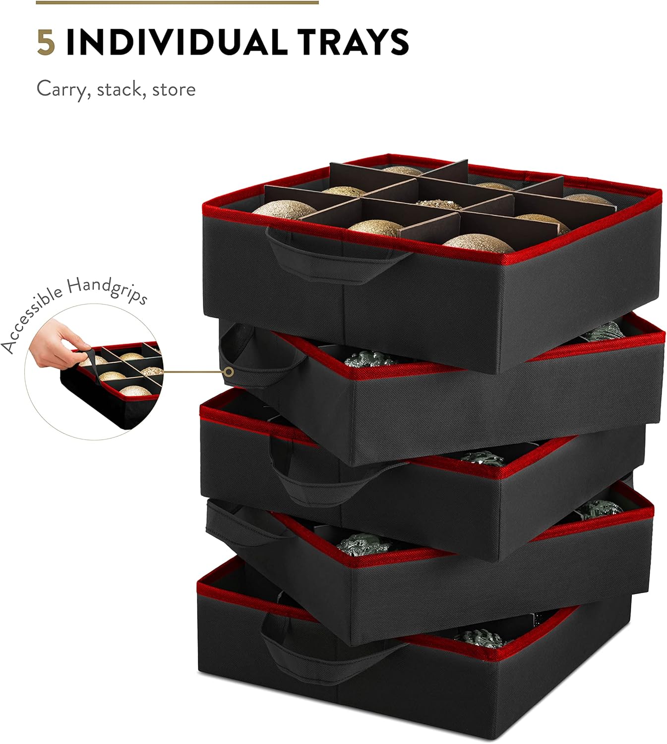 ZOBER Christmas Ornament Storage Box - Easy Access Removable Trays for 73 Ornaments | Adjustable Black Container