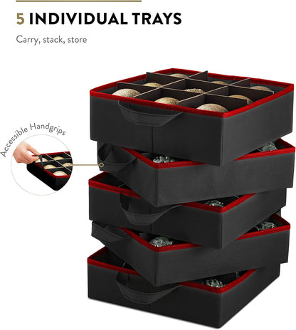 ZOBER Christmas Ornament Storage Box - Easy Access Removable Trays for 73 Ornaments | Adjustable Black Container