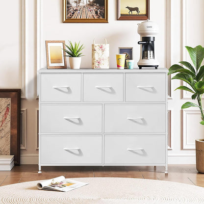 Skiennix 7-Drawer Dresser - Anti-Tip Fabric Storage Organizer with Wooden Top | White Finish for Bedroom & Living Room