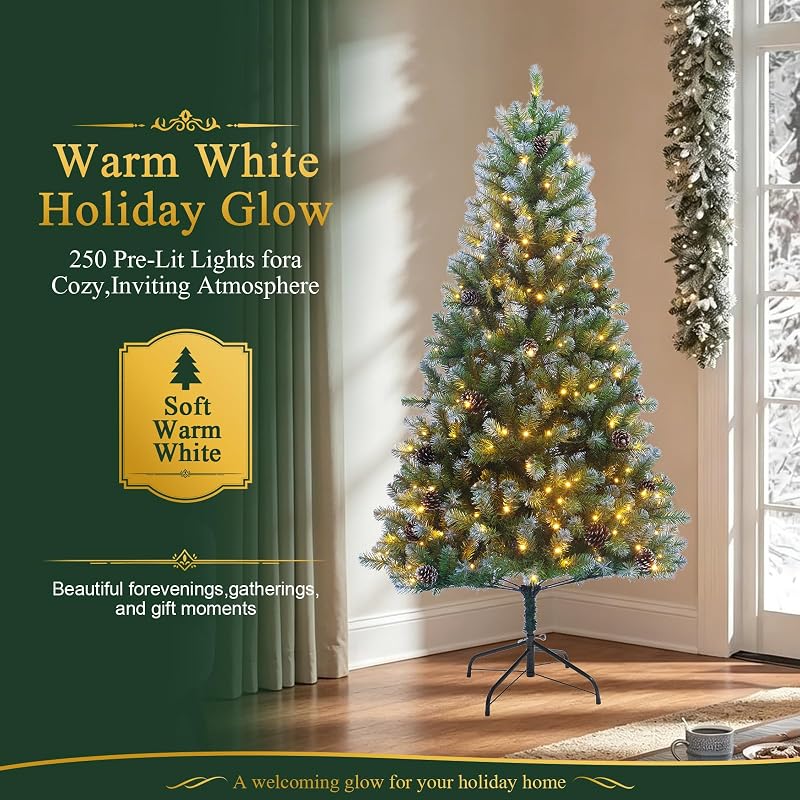 6ft Pre-Lit Artificial Christmas Tree with 250 Warm White Lights, 705 Snow-Dusted Tips & 51 Pine Cones